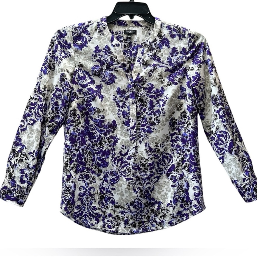 Talbots Purple Gray White Floral Print Damask Blouse Size S